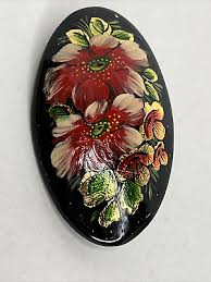 VTG Russian Hand Painted Floral Black Lacquer Oval Brooch 2" x 1 1/8" - Signed | eBay