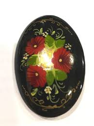 Russian Brooch Pin Hand painted signed by Artist Red Flowers Black Green Gold | eBay Australia