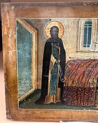 ANTIQUE RUSSIAN ICON, SAINT SERGIY PRAYING AT THE TOMB OF ...