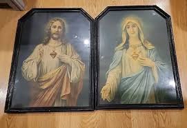 Pair Of Rare Antique 1930s Sacred Heart of Jesus & Mary ...