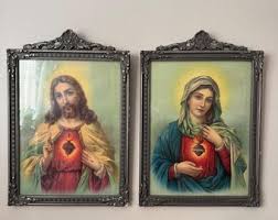 Vintage Framed Sacred Heart of Jesus & Mary Print - Etsy