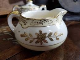 Antique JAPAN Gold Floral Creamer and Sugar Bowl~ Red Heart ...