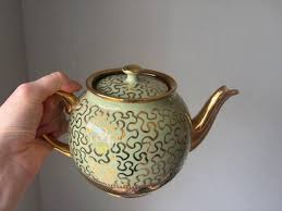 Vintage Green and Gold Tea Pot, Glazed Pottery Pistachio ...