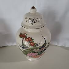 Vtg Japanese Ginger Jar w Peacock, Floral & Gold Trim ...