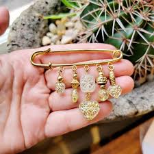 Vintage Gold Safety Pin Heart Charm Beaded Boucher Lapel ...