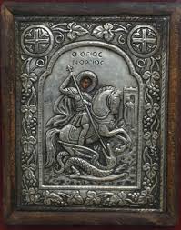 Lot - Russian 950-Silver Oklad Icon of Saint George Slaying the Dragon, Frame: 11 1/2 x 10 in. (29.2 x 25.4 cm.)