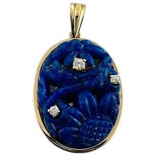 Antique 14K Yellow Gold Carved Lapis Lazuli and Diamond ...