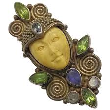 Similar Items to Sajen Vintage Pendant / Brooch Sterling Silver Multiple Gemstone, Carved Face