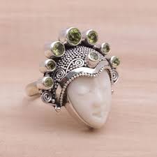 Peridot and Sterling Silver Face Cocktail Ring from Bali - Sunshine Knight | NOVICA