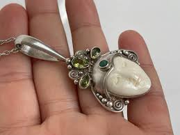 Sajen Carved Goddess Face, Green Stones Pendant With Chain - Etsy