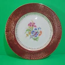 Homer Laughlin Filigree Maroon Rim Floral Center 10" Dinner ...