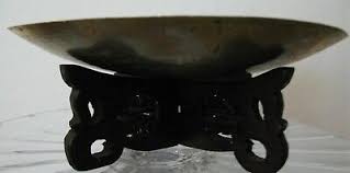 VINTAGE CHINESE BRASS DISH WITH DRAGON ETCHING & WOOD STAND ...