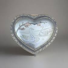 Trinket Box Heart Shaped Engraved Swan Silver Velvet Lined ...