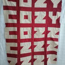 Vintage quilt top with 'Cozy' and 'Nooo' phrases