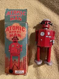 1997 Schylling Red Atomic Robot 🤖Man - Tin Wind-Up Toy w ...