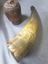 Carved Marine Powder Horn Mermaids, Seahorses, Ship Maiden Dated May 19, 1864 at 1stDibs | powdered seahorses