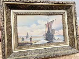 Beautiful Antique Coastal Painting Ships Ocean Gold Elegant ...