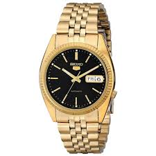 Seiko Men's SNXZ16 5 Automatic Black Dial Yellow Gold Plated ...