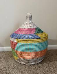 Set of 3 African Woven Baskets With Lid, Senegal Laundry ...