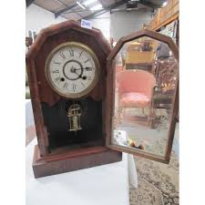 Jerome & Co 8 Day "Duchess" Cased Mantle Clock with Pendulum and Decorated Glass Door.