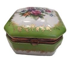 Vintage Norleans Porcelain Square Green Gold Floral Hinged ...