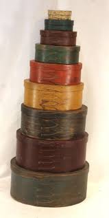 Collection Of 9 Primitive Style Graduated Oval Finger Lapped Pantry Boxes In Various Paint Colors