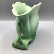 Vintage Green Weller Pottery Vase Vintage Weller Art Pottery G-14 Gloria Double Handled Twig Branches Fan Vase | Chairish