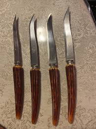4 VINTAGE STAINLESS STEEL STEAK KNIVES W/ FAUX STAG HORN ...