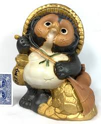 Tanuki Good Luck Badger Figurine Raking Gold Coins Japan ...