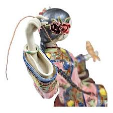 VTG Chinese Wucai Porcelain Pottery Shi Wan Lady Woman with Fish Figurine 9" | eBay