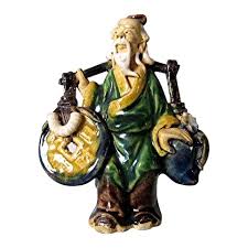 Chinese Mudman Yoke Bearer With Peach And Coin (Long Life and Wealth) . For Sale at Ruby Lane