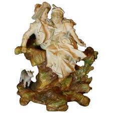 Antique Austrian Porcelain Glaze Figurine Goat Man Woman Couple Lady . For Sale at Ruby Lane