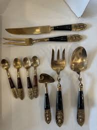 Vintage 33 Pieces Flatware Set Nickel Bronze Wood Case Gold Silverware Thailand | eBay