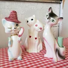 Vintage Lot Irice Winking Kitty Cat Lipstick Holders Vase Figurines Kitsch Set of 3 Kitten With Hat Mirror Long Neck Retro - Etsy
