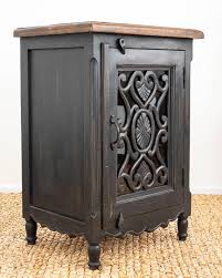 Wooden Hand Carved Nightstand in Gray, Black & White Color – Bone Inlay Furnitures