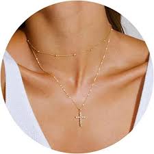 Layered Beaded Chain with CZ Cross Pendant Necklace-FREEKISS JEWELRY