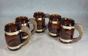 Set Of 5 Vintage Siesta Ware Amber Brown Barrel Glass Beer ...