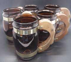 Set of 5 Vintage Siesta Ware Amber Glass Wooden Handle Beer ...