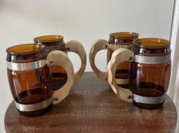 Vintage Set of 4 Siesta Ware Amber Glass Beer Mugs Wood ...