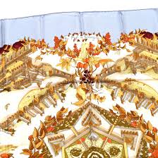 HERMES Silk Au Pays de Cocagne Scarf 90 Ciel White Ocre Orange 1680664 | FASHIONPHILE