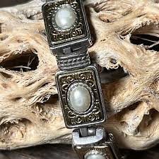 Brighton Chunky Gold & Silver Tone Pearl Bracelet Square Link Signed Two Tone | eBay