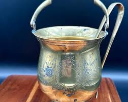 Vintage Etched Brass Ice Bucket Drip Insert & Claw Tongs ...