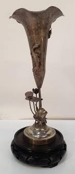 Sold at Auction: A CHINESE ZEEWO FINE SILVER LOTUS VASE ON STAND, with lotus roots, pads and swimming duck below, bugs and lizard climbing on body. S...