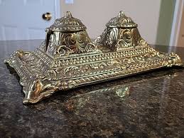 Antique Solid Brass Double Desk Footed Inkwell HEAVY BRASS ...