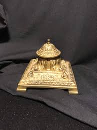 Antique German , Gold Tone Metal Inkwell With Glass Insert ...