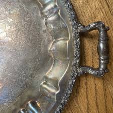 Vintage not marked . Silver plate? Etched Round Serving Tray ...
