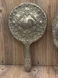 Vintage Round Hand Held Vanity Silver Plate Mirror & Brush ...