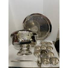 Vintage Silverplate Punch Bowl Monogram & Tray & Cup Set- 13 ...