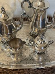 Vintage Pilgrim Silverplate Tea/Coffee Pot, Sugar Bowl & Creamer Set And Platter