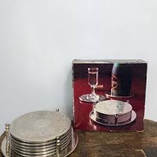 Vintage Drink Mats - 6 Vintage Silver Plated Coaster Mats and Bottle Stand - Etched Silver Plate Drink Mats With Stand - 1970s Original Box - Etsy UK